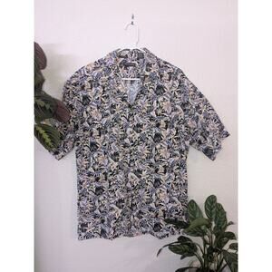 Pierre Cardin Hawaiian Shirt 100% Cotton Sz L Black w/ Multicolor Leaf Print